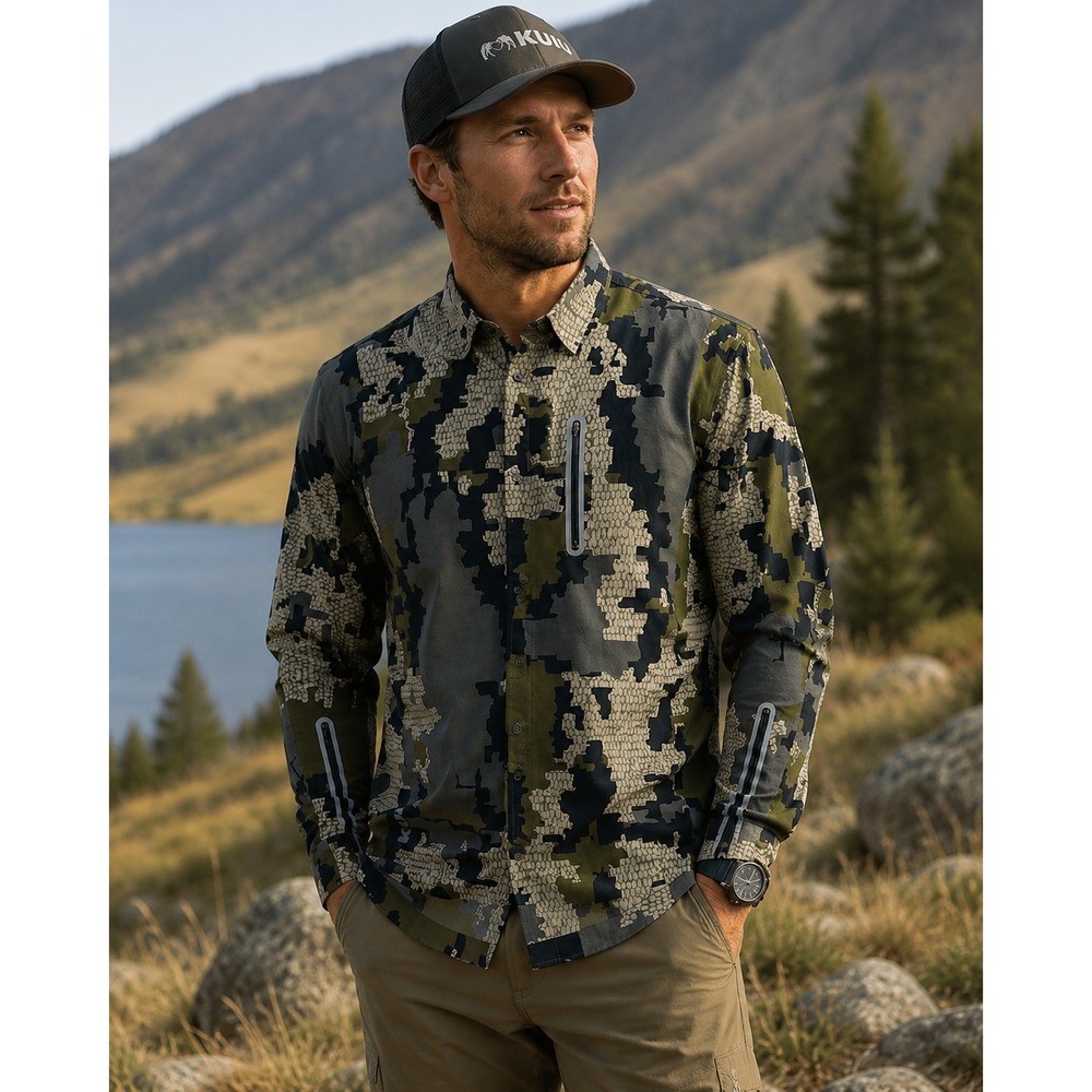 KUIU Tiburon Snap Button Long Sleeve Shirt Verde Green Camo Medium